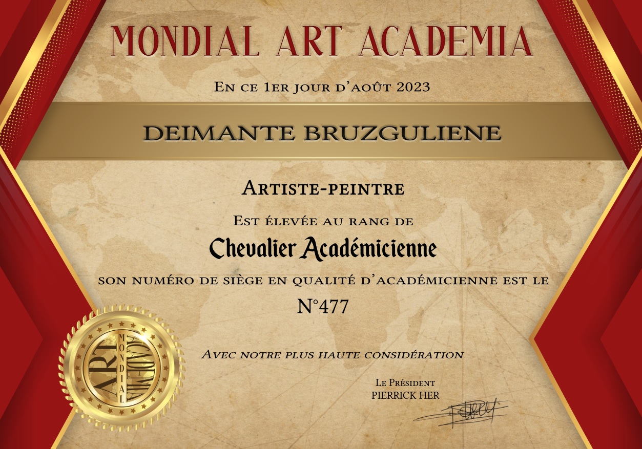 Mondial Art Academia — Chevalier Academicienne — recognition for Deimante Bruzguliene